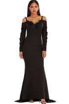 Black Sexy Spaghetti Strap Long Sleeves V Neck Step Skirt Floor-Length Solid