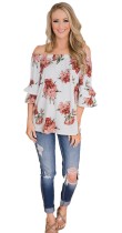 White Fashion Butterfly Sleeve Slash neck Three Quarter Ruffles Backless Print Regular Tees & T-shirts