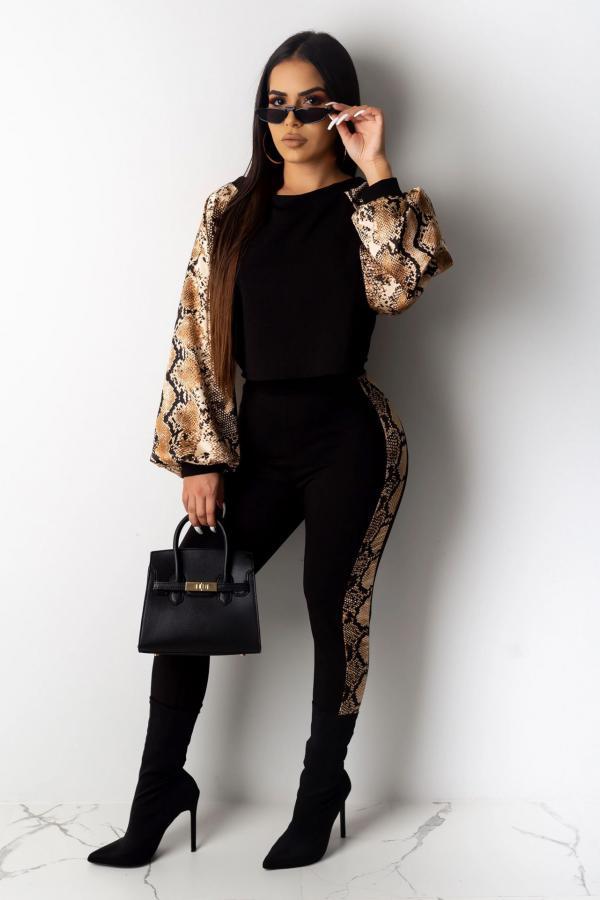 Black adult Casual Fashion Camouflage Print Two Piece Suits Leopard Ribbon pencil Long Sleeve T