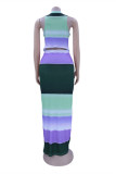 Blue Fashion Sexy Print Basic Half A Turtleneck Sleeveless Dress