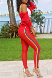 Red Fashion Casual Patchwork See-through Zipper Collar Long Sleeve Two Pieces