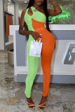 Pink Sexy Solid Patchwork One Shoulder Skinny Jumpsuits