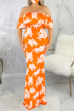 Yellow Sexy Print Patchwork Off the Shoulder Wrapped Skirt Dresses