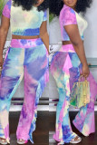 Purple Fashion Casual Tie Dye Printing O Neck Short Sleeve Two Pieces
