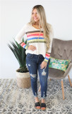 White V Neck Long Sleeve Patchwork Tees & T-shirts