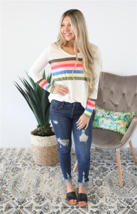 As Show V Neck Long Sleeve Patchwork Tees & T-shirts