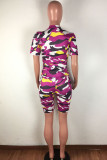 Red Casual Print Zippered Patchwork Short Sleeve Two Pieces