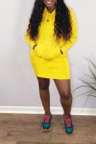 Yellow Street Solid Draw String Hooded Collar Wrapped Skirt Dresses