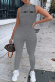 Black Casual Sportswear Letter Embroidered O Neck Skinny Jumpsuits