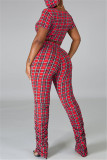 Red Fashion Casual Plaid Print Hollowed Out O Neck Short Sleeve Two Pieces
