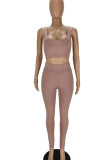 Deep Coffee Casual Solid Patchwork Square Collar Sleeveless Two Pieces
