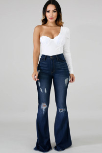 Dark Blue Denim Zipper Fly Button Fly High Pocket washing Hole Solid Zippered Boot Cut Pants 