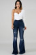 Dark Blue Denim Zipper Fly Button Fly High Pocket washing Hole Solid Zippered Boot Cut Pants 