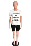 Black Casual Letter Print Fluorescent Straight Short Sleeve Two Pieces