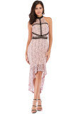 Pink Fashion Off The Shoulder Sleeveless O neck Mermaid Mid-Calf asymmetrical Patchwork lace 