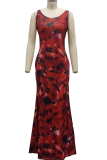 Blue Sexy Print High Opening Spaghetti Strap Irregular Dress Dresses
