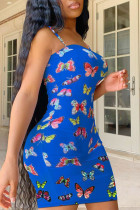 Blue Sexy Spaghetti Strap Sleeveless Slip Step Skirt Mini Print Patchwork backless Dresses
