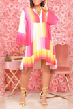 Red Casual Patchwork Tie-dye V Neck Cake Skirt Dresses