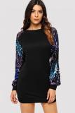 Black adult Fashion Casual Cap Sleeve Long Sleeves O neck Slim Dress Mini Patchwork Solid asymmetri