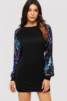 Black adult Fashion Casual Cap Sleeve Long Sleeves O neck Slim Dress Mini Patchwork Solid asymmetri