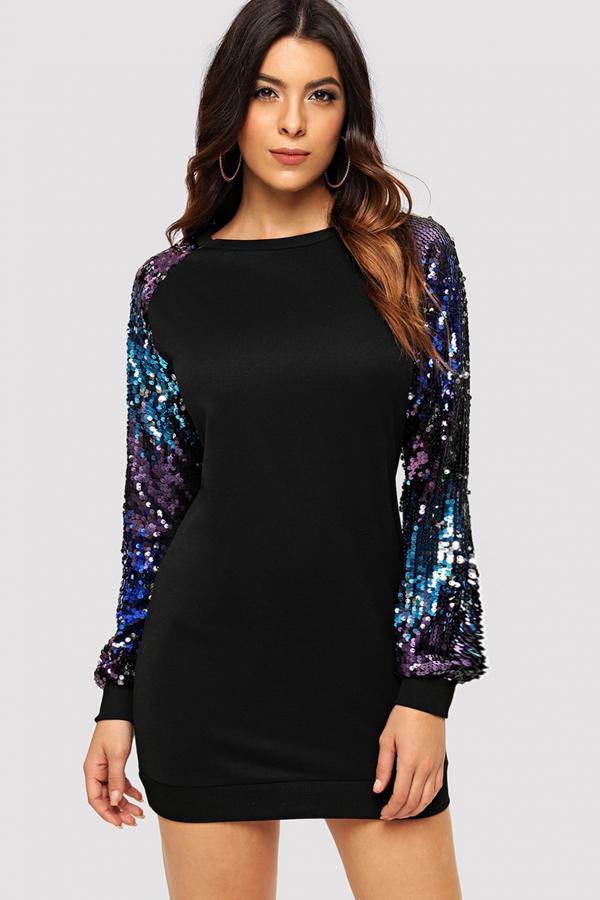 Black adult Fashion Casual Cap Sleeve Long Sleeves O neck Slim Dress Mini Patchwork Solid asymmetri
