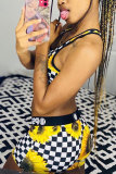 Yellow Fashion adult OL Patchwork Print Two Piece Suits Straight Sleeveless Two Pieces