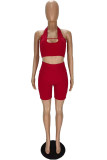 Red Sexy Solid Hollowed Out Backless Halter Sleeveless Two Pieces