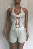 Rose Red Sexy Solid Bandage Backless Asymmetrical Halter Two Pieces