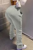 Grey Casual Solid Fold Straight Mid Waist Straight Bottoms