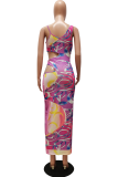 Red Sexy Print Hollowed Out Spaghetti Strap Pencil Skirt Dresses