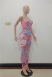 Pink Sexy Casual Print Backless Strapless Skinny Jumpsuits