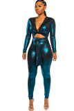 Blue street Solid Patchwork Chemical fiber blend Long Sleeve V Neck 