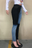 Blue Zipper Fly Mid Patchwork washing Old Zippered pencil Pants Bottoms