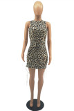 Multicolor Fashion Sexy Print Leopard Backless O Neck Sleeveless Dress Dresses