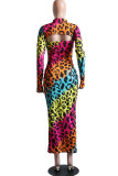 Green Street Print Leopard O Neck Long Sleeve Two Pieces