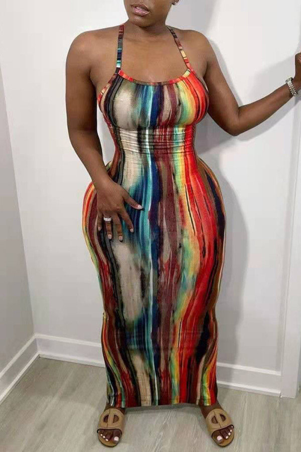 Red Fashion Sexy Print Backless Slit Spaghetti Strap Sleeveless Dress