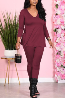Purplish Red Fashion Sexy Adult Solid Patchwork V Neck Long Sleeve Regular Sleeve Regular Two Pieces