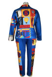 Blue Work Daily Print Patchwork Turndown Collar Plus Size 