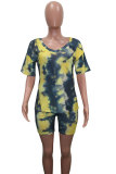 Dark Blue Fashion Sexy adult Patchwork Print Tie Dye Two Piece Suits Straight Short Sleeve Two Pieces