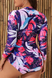 Green Casual Print Patchwork Zipper Zipper Collar Plus Size Swimwear