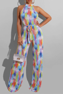 Colour Elegant Print Patchwork Frenulum O Neck Straight Jumpsuits