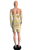 White England Off The Shoulder Long Sleeves One word collar Step Skirt Mini Print backless asymmetrical Dresses