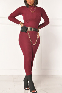 Wine Red Street Solid O Neck Long Sleeve Two Pieces