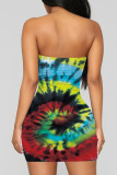Green Fashion Sexy adult Ma'am Green Pink Off The Shoulder Sleeveless One word collar Step Skirt Knee-Length Print Patchwork Dresses