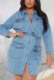 Light Blue Sexy Solid Patchwork Turndown Collar Pencil Skirt Dresses