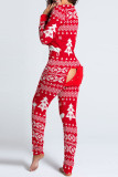 Red White Casual Print V Neck Skinny Jumpsuits