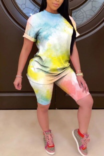 Light yellow Casual Print Straight Short Sleeve Two Pieces