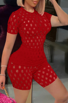 Red Sexy Solid Hollowed Out O Neck Short Sleeve Two Pieces