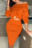Black Sexy Solid Patchwork Bateau Neck Long Sleeve Two Pieces