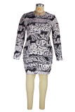Black White Fashion Casual Print Basic O Neck Long Sleeve Plus Size Dresses